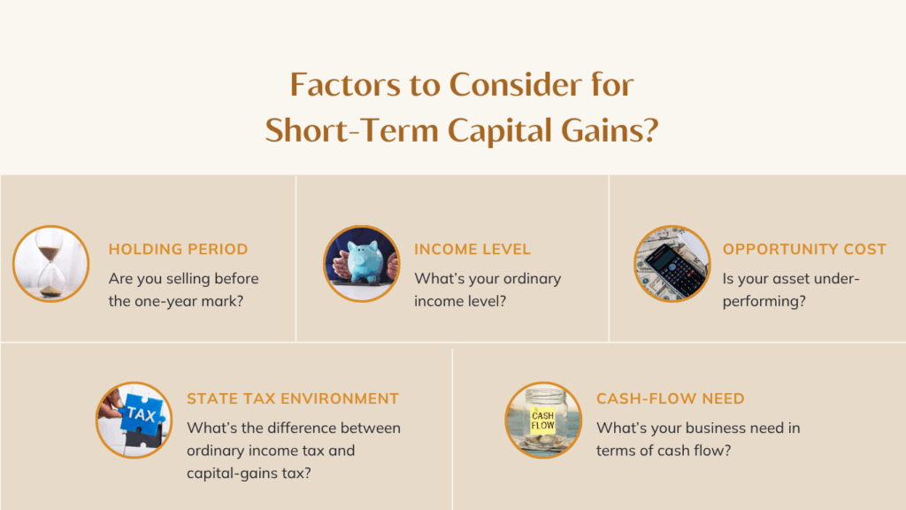 factors to consider for short term capital gains tax are holding period, income level, opportunity cost, state tax environment and cashflow need