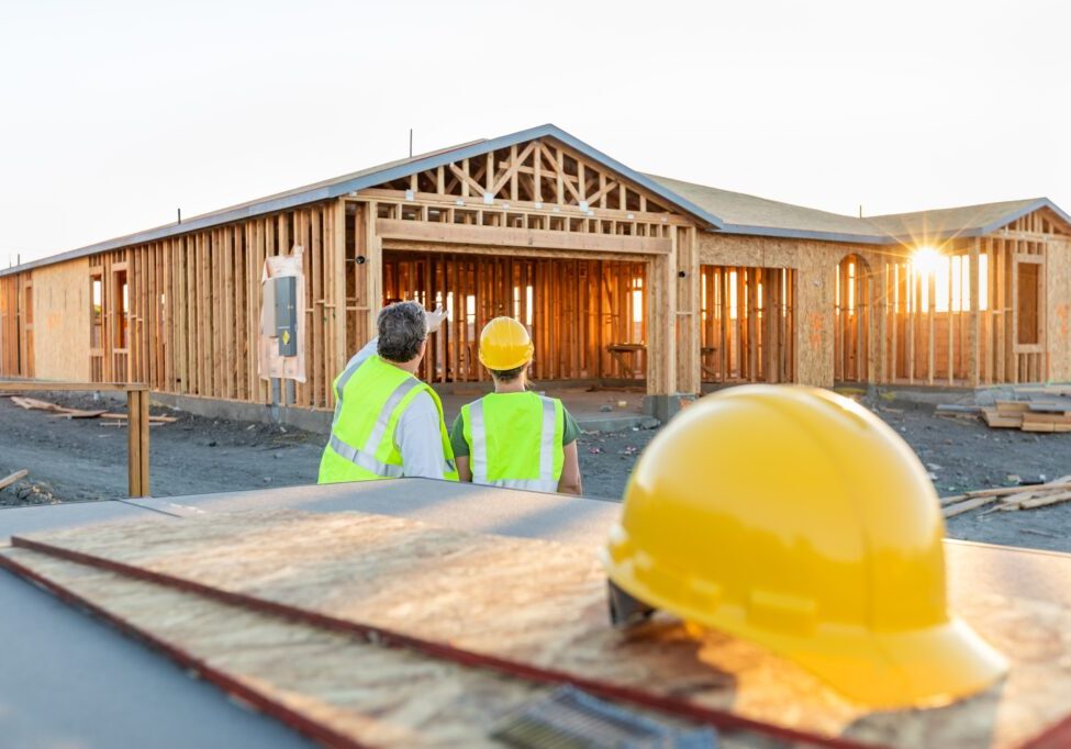 Male and Female Construction Workers at New Home Site.
