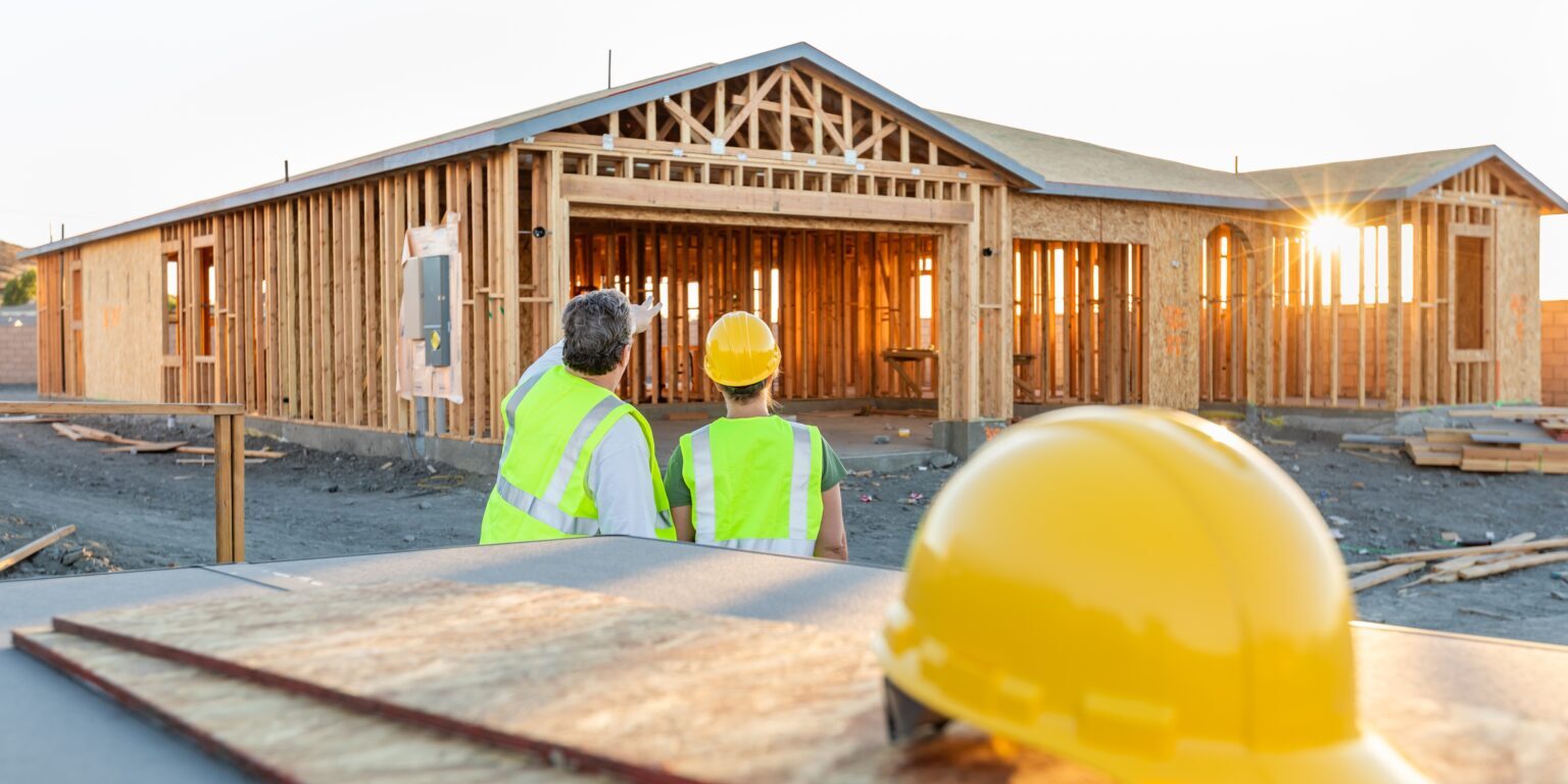 Male and Female Construction Workers at New Home Site.