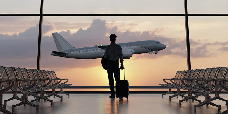 Silhouette of a man walking in the airport as the plane takes off during sunset. 3D illustration